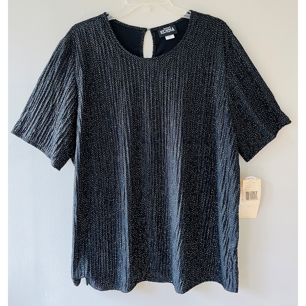 Erena‎ Plus Sz 2X Black Pullover Shiny Blouse Textured Short Sleeves Side Slits
